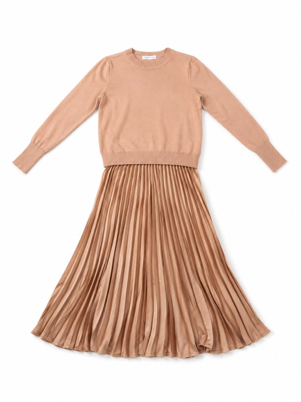 Anne Klein Two-Piece Long Sleeve Sweater and Pleated Skirt Set in Camel